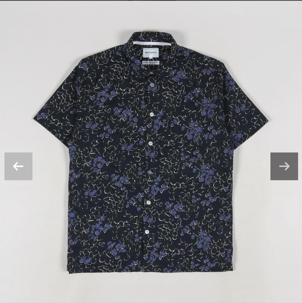 Norse Projects OScar Print Navy Button Front Short Sleeve Shirt Size Large